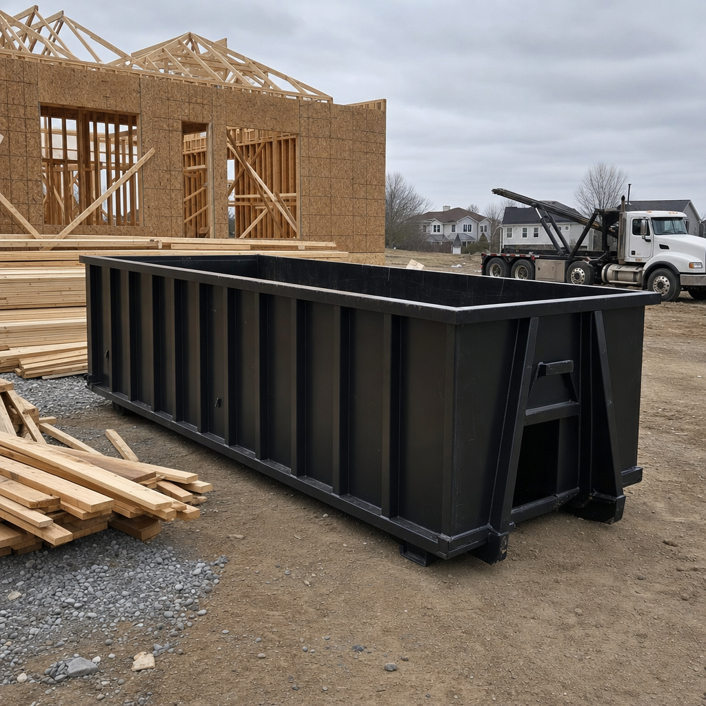 Matte-black 40-yard roll-off dumpster staged on a framed-out residential construction site in Ponchatoula, framing lumber stacked nearby, hooklift delivery truck visible in the background under bright Colorado daylight