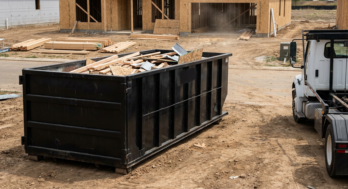 Matte-black 20-yard roll-off construction dumpster with heavy ribbed steel sidewalls and swing rear doors at a working jobsite in Ponchatoula, sitting directly on compacted dirt with an unmarked white hauler partially visible at the far edge of the frame.