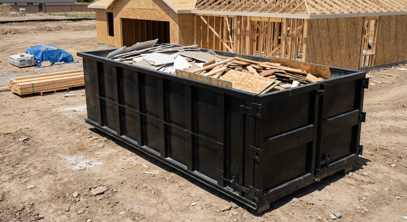 Matte-black 30-yard roll-off construction dumpster sitting directly on the compacted-dirt site of a framed single-family home build in Ponchatoula, drywall and lumber scrap loaded inside.