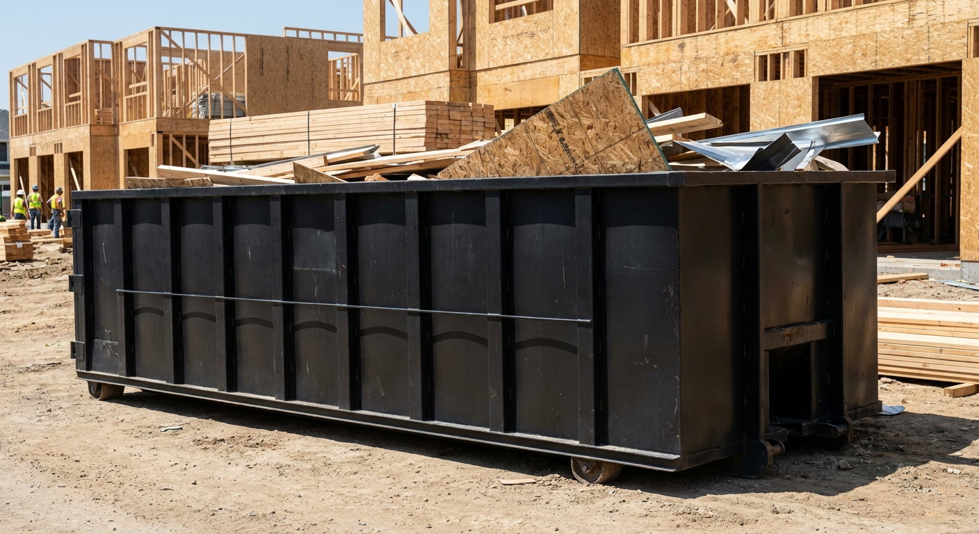 Matte-black 40-yard roll-off construction dumpster being lowered from a white-cab hooklift delivery truck onto the compacted-dirt jobsite at a commercial build site in Ponchatoula