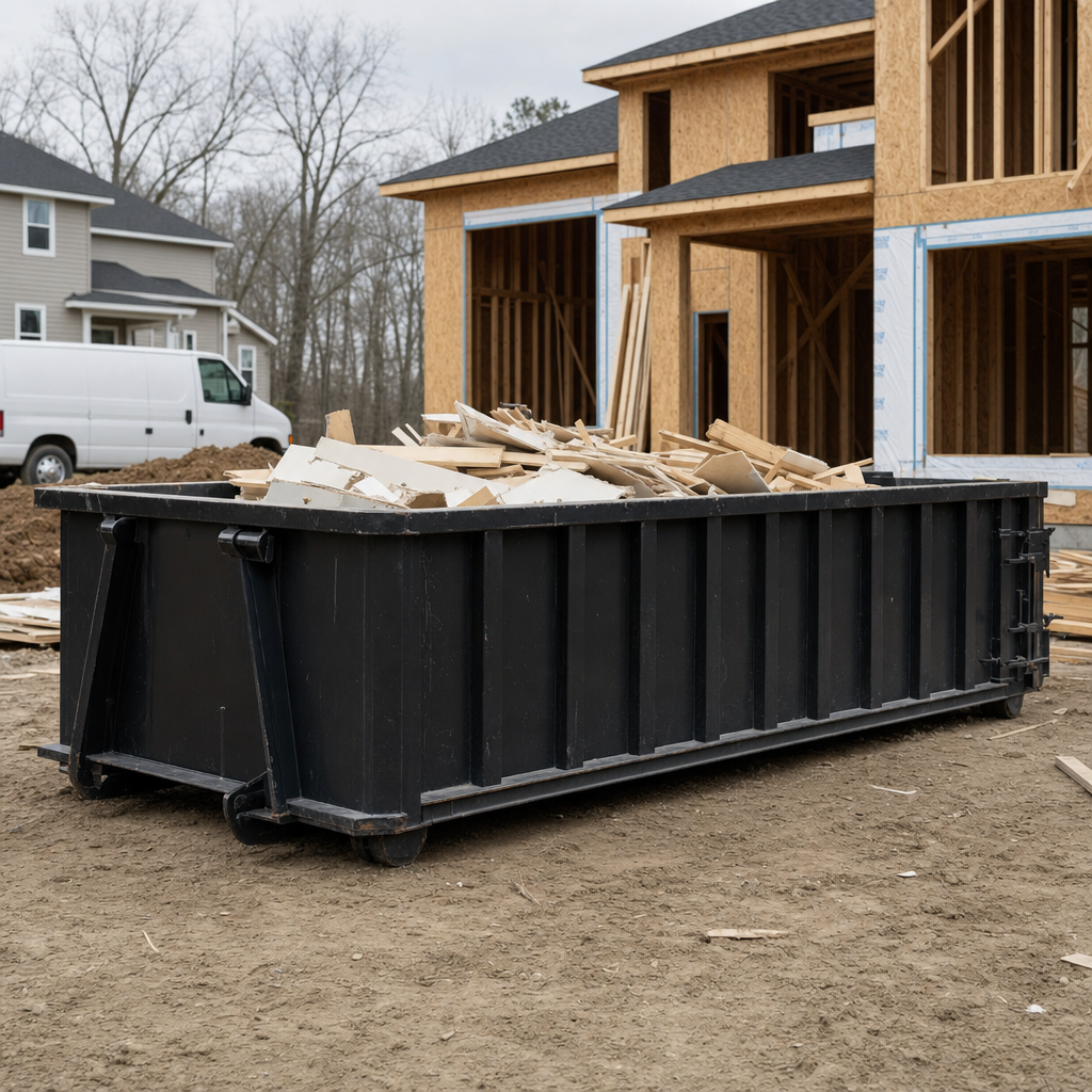Worker in a yellow high-visibility vest tossing framing lumber and broken drywall into a matte-black 30-yard construction roll-off dumpster on an active build site in Ponchatoula, bright daylight