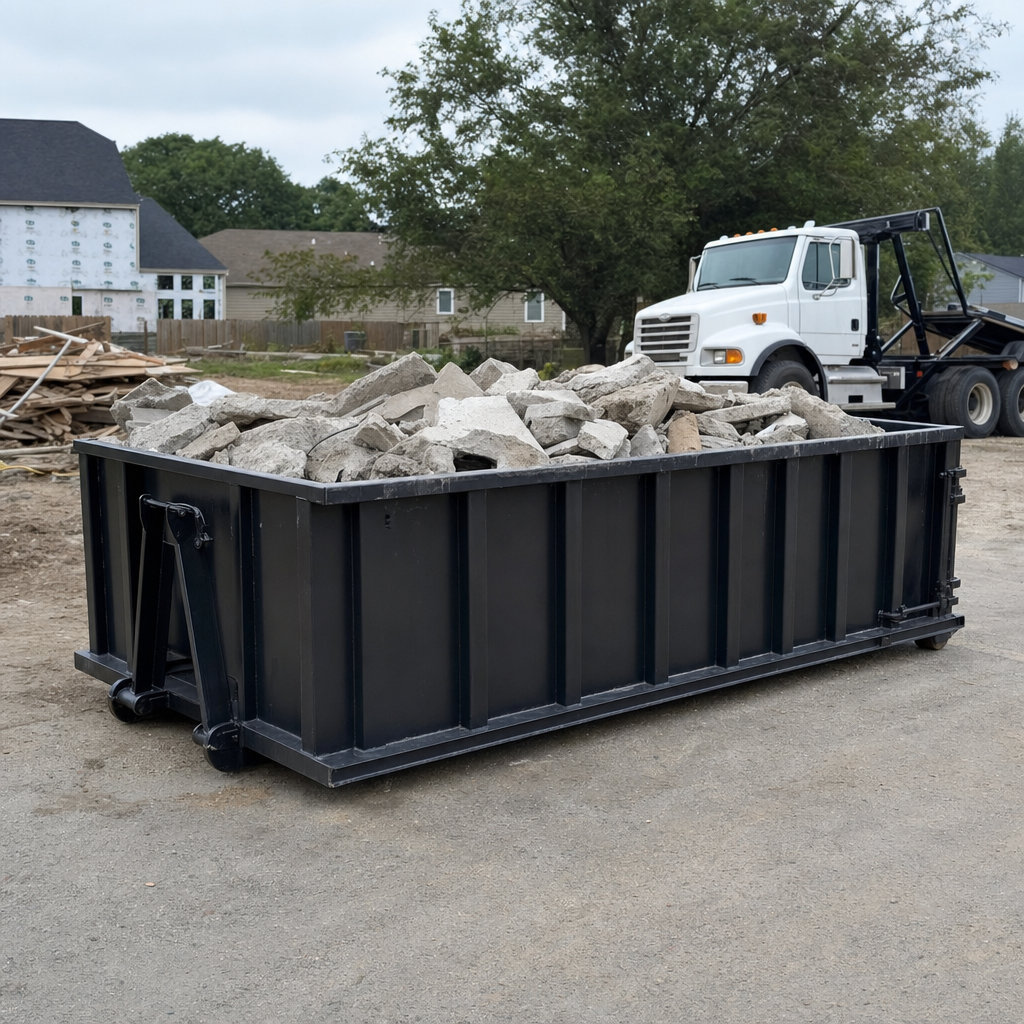 Low-profile matte-black lowboy roll-off dumpster loaded with broken concrete slab and rebar at a foundation tear-out in Ponchatoula, skid steer parked beside it, sunny Colorado morning