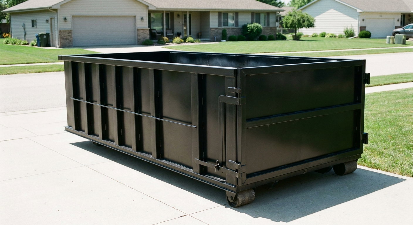 Matte-black 10-yard roll-off dumpster on a residential concrete driveway in Ponchatoula, uniformly painted matte black across every panel and rail, ribbed steel sidewalls and rear swing door visible, mid-day daylight.
