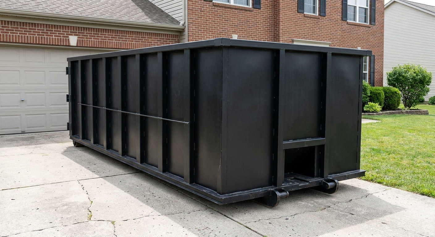 Matte-black 20-yard roll-off container on a Ponchatoula residential concrete driveway with reinforced ribbed steel sidewalls and a hinged rear walk-in door, clean bright daylight.