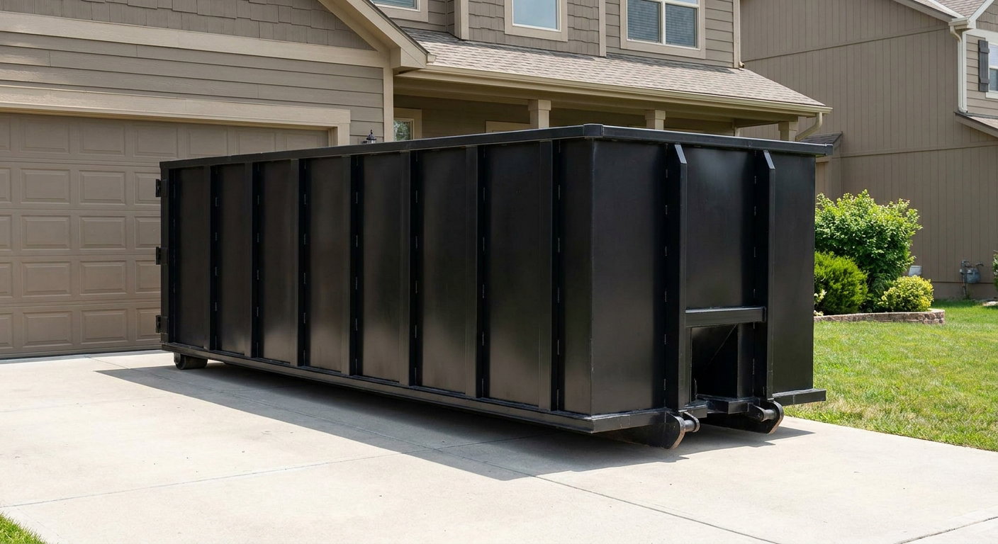 Matte-black residential roll-off dumpster sitting directly on a suburban Ponchatoula concrete driveway, garage door closed, single-family home in background, bright morning daylight.