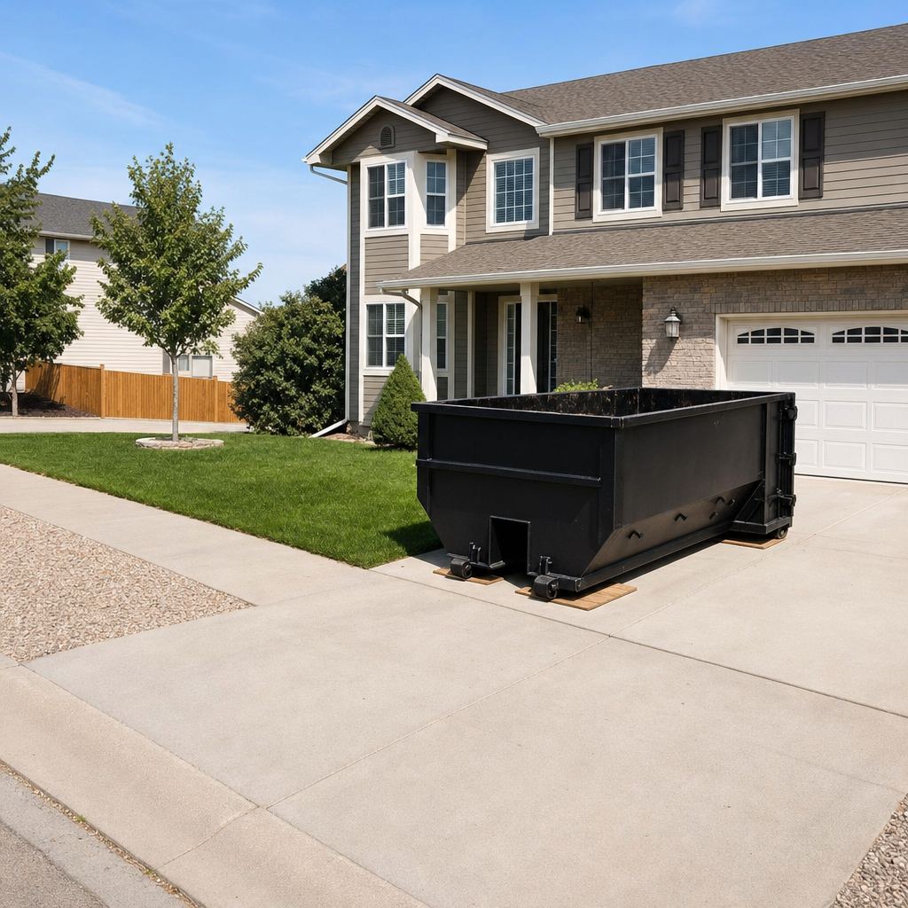 10-yard matte-black residential dumpster placed directly on a narrow Ponchatoula concrete driveway, room remains for a parked sedan beside it, mid-morning natural light
