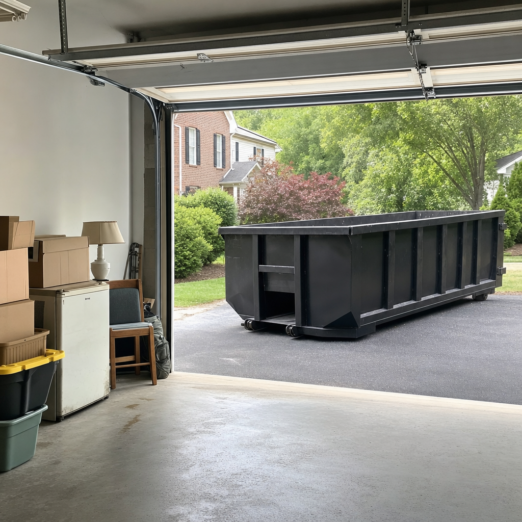 Open garage interior in a Ponchatoula home mid-cleanout — boxed items, an old appliance, and stacked yard tools queued near the driveway for a matte-black roll-off dumpster, organized and calm