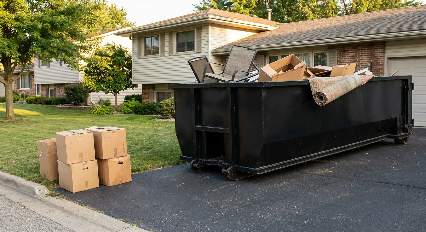 Front-yard view of a Ponchatoula split-level home with a 20-yard matte-black roll-off dumpster sitting directly on the asphalt driveway, a few clearly labeled donation boxes staged at the curb, calm sunny afternoon.