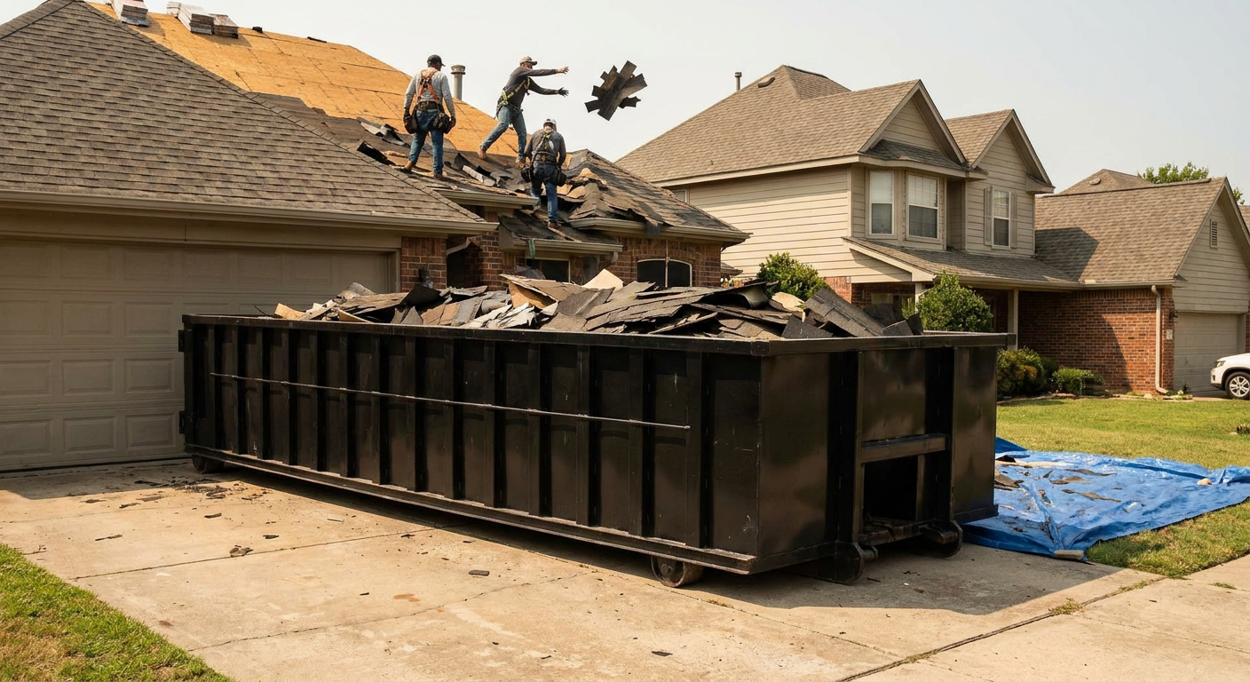 Matte-black roofing roll-off dumpster placed directly on a Ponchatoula residential concrete driveway, a tear-off crew on a two-story asphalt-shingle roof tossing shingle bundles into the low-walled container, bright daylight, documentary 35mm perspective.