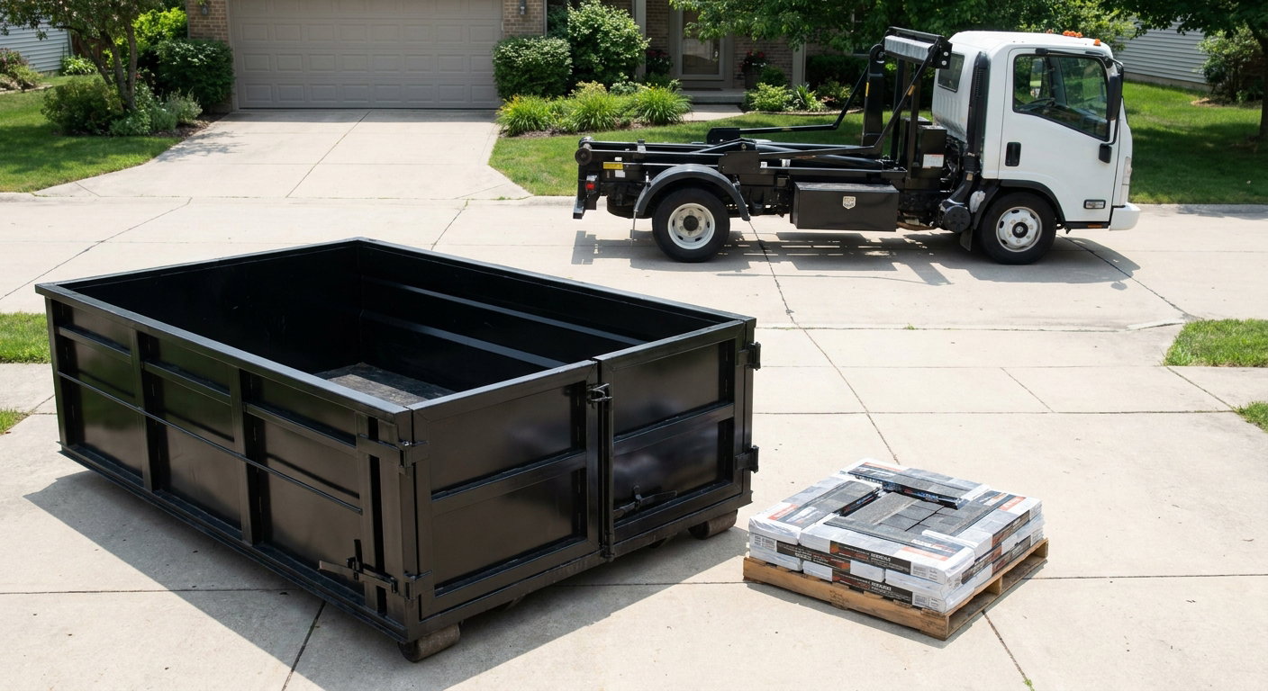 Matte-black 15-yard roofing roll-off dumpster with reinforced low side walls sitting directly on a Ponchatoula residential concrete driveway, three-tab asphalt shingle bundles stacked nearby, an unmarked white hauler truck partially visible at the edge of the frame.