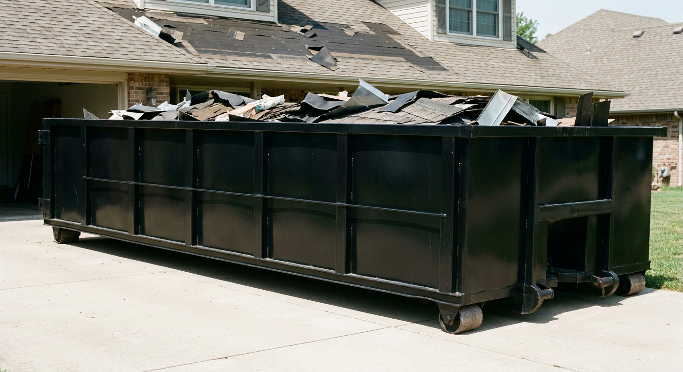 Matte-black 20-yard roofing roll-off dumpster with steel ribbed sides and swinging rear door, sitting directly on the concrete driveway of a two-story Ponchatoula home, asphalt shingle debris being loaded over the low wall, clean documentary lighting.