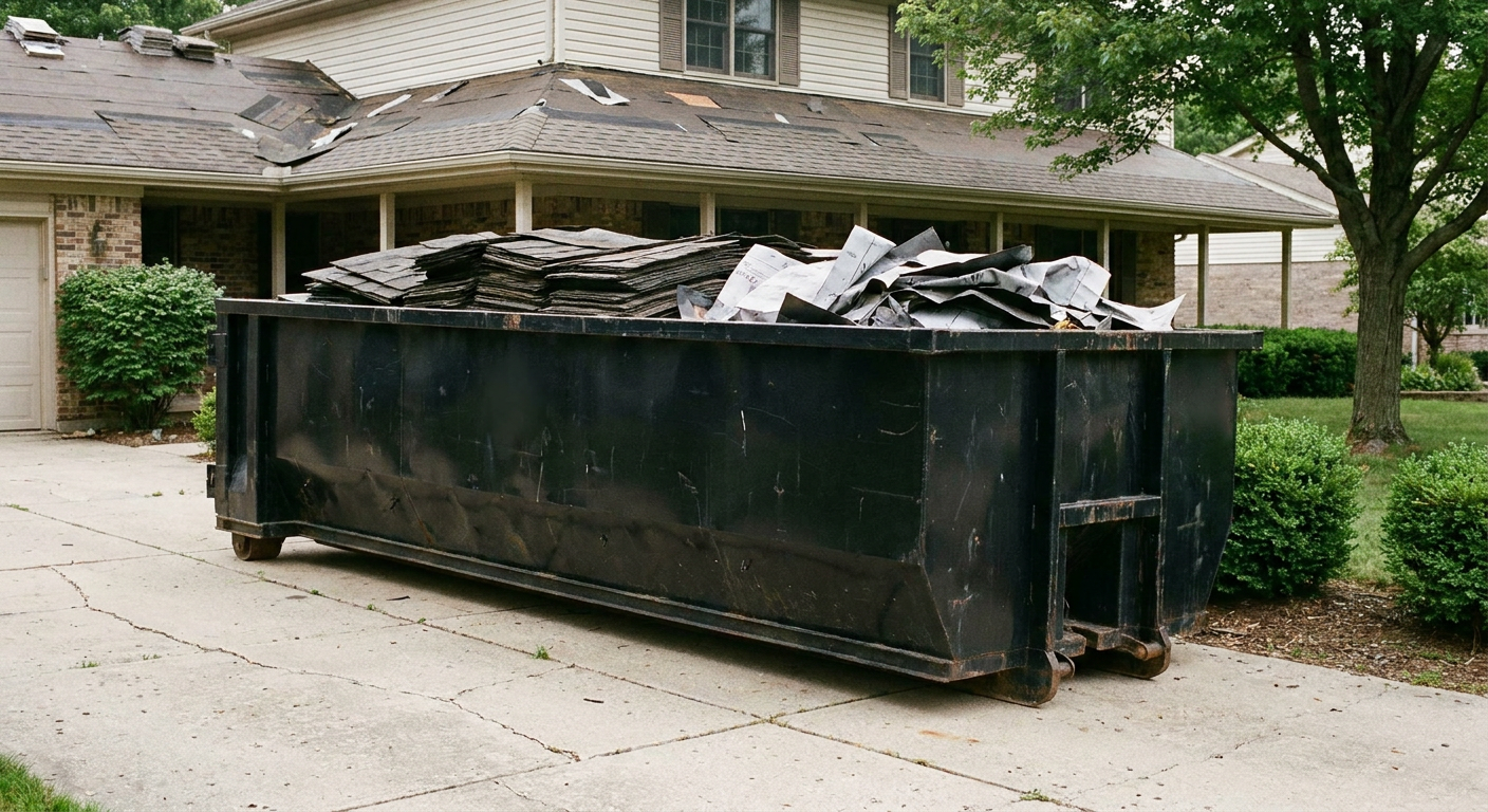 Matte-black 30-yard roofing roll-off dumpster sitting directly on a Ponchatoula concrete driveway, taller ribbed steel side panels, mixed tear-off debris of asphalt shingles and underlayment inside, professional documentary daylight.