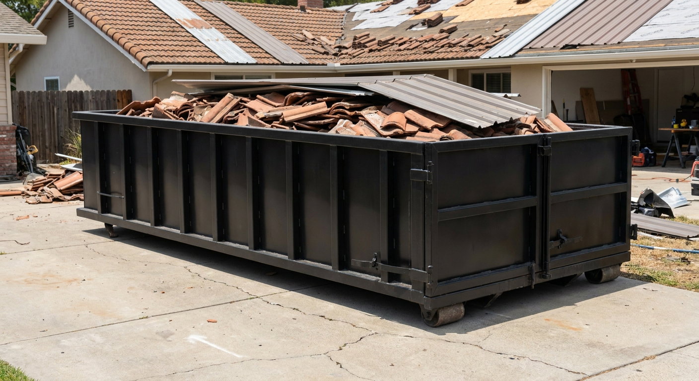 Matte-black low-wall heavy-debris roofing roll-off dumpster sitting directly on a Ponchatoula concrete driveway, broken concrete clay roof tiles and metal panel sections loaded inside, reinforced ribbed steel side walls visible, bright outdoor daylight.