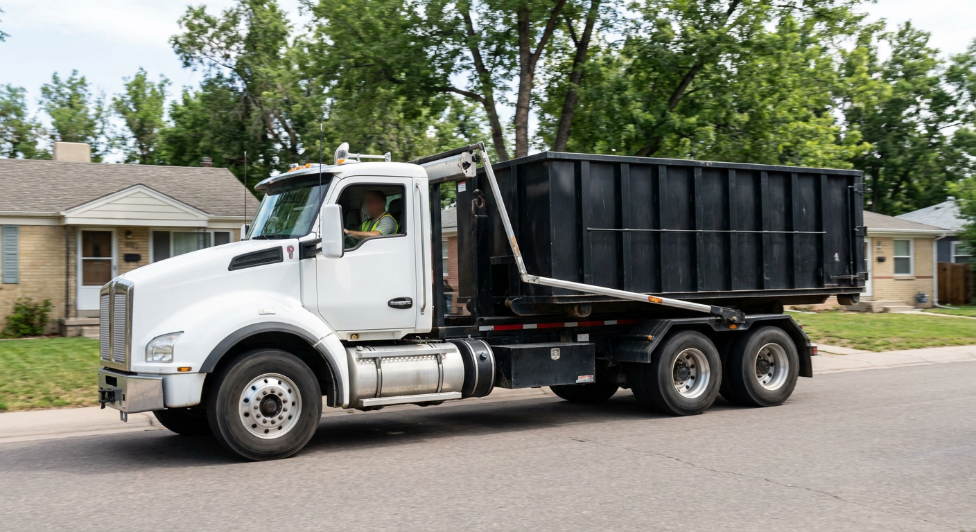 A wide documentary shot of a matte-black roll-off delivery truck pulling onto a quiet Ponchatoula residential street at mid-morning, with neighborhood rooftops and tree-lined blocks visible behind, showing the metro coverage footprint.
