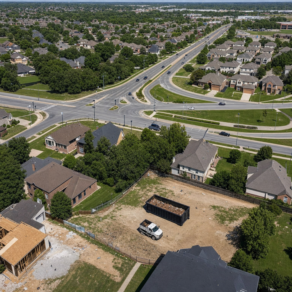 An overhead documentary view of the Ponchatoula metro area at midday, showing the spread of neighborhoods, arterial roads, and the dispatch radius from a central yard — clean daylight, organized geographic layout.