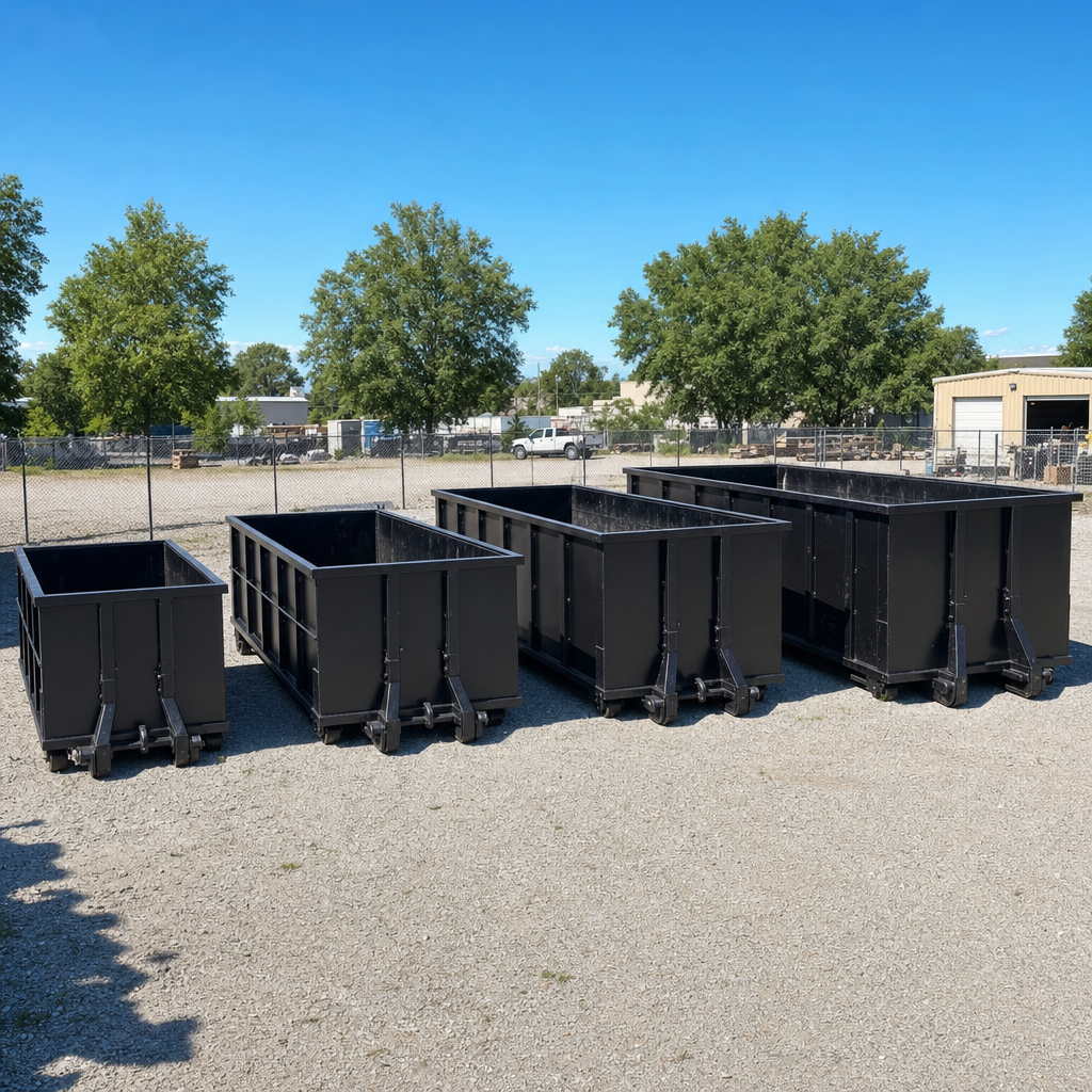 A clean lineup of matte-black roll-off dumpsters in 10, 20, 30, and 40-yard sizes staged on a sunlit gravel yard in Ponchatoula, showing the size progression from compact to commercial-scale containers.