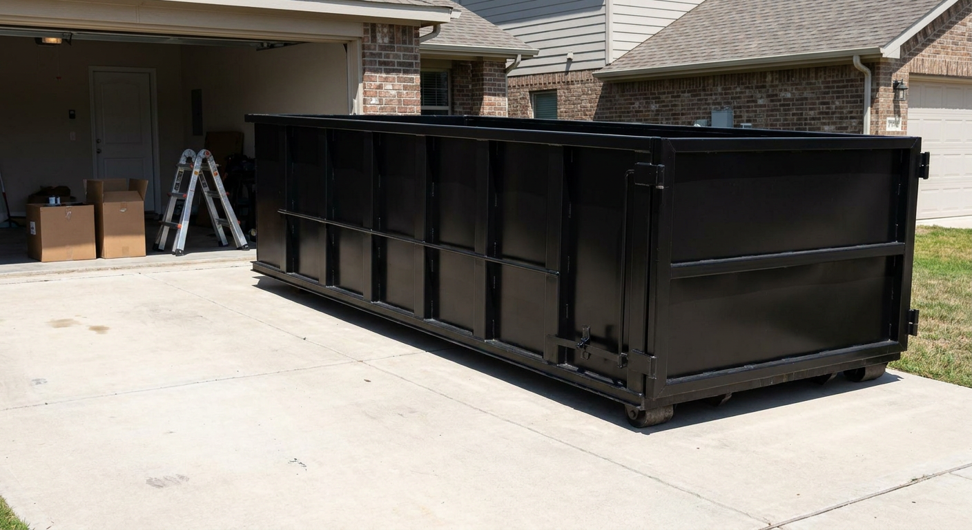 A matte-black 10-yard roll-off dumpster sitting directly on a residential Ponchatoula concrete driveway, mid-day sunlight, clean and ready for a garage cleanout.