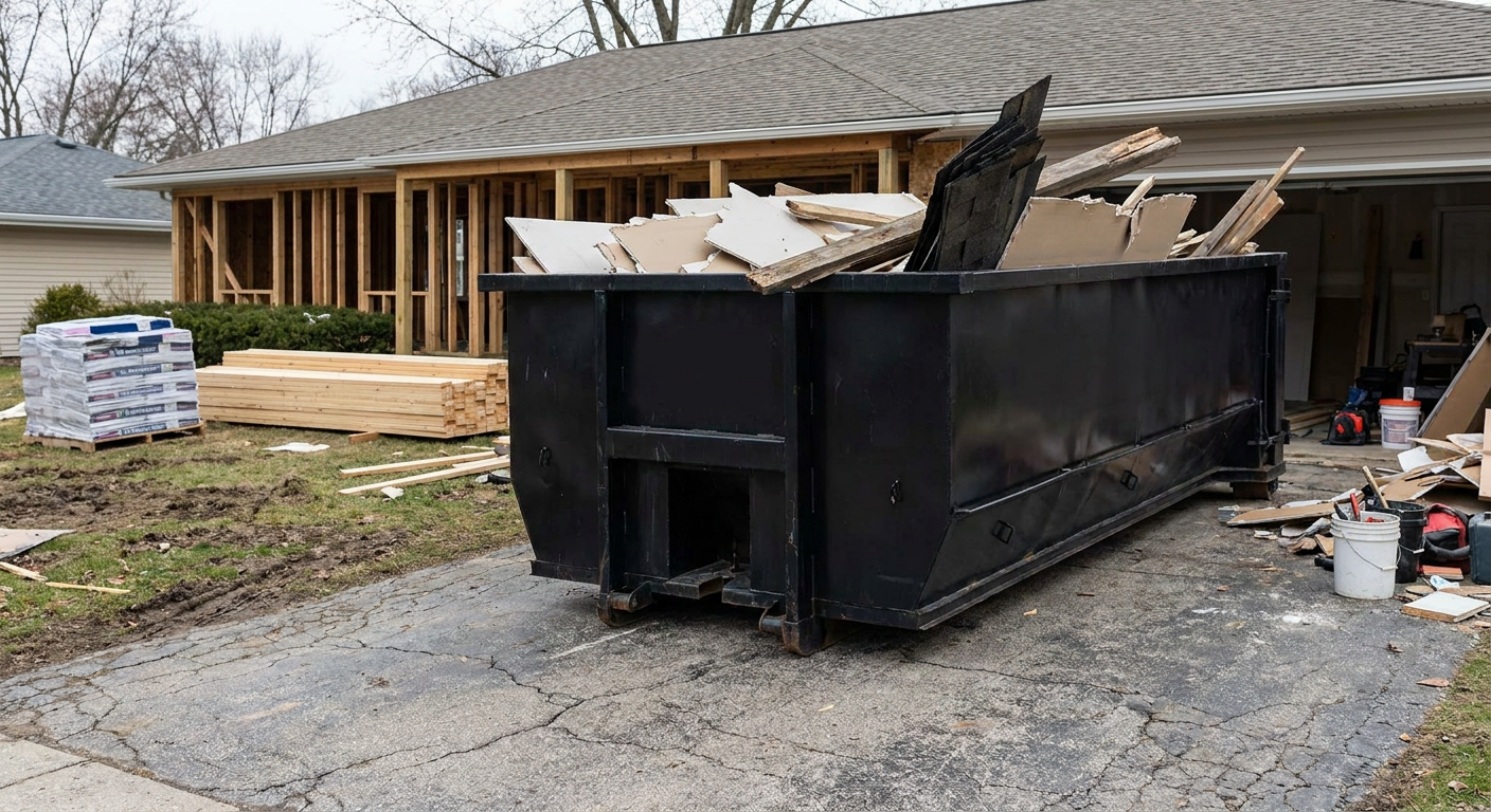 A matte-black 20-yard roll-off dumpster placed alongside a mid-renovation Ponchatoula home directly on the asphalt driveway, with framing materials and torn-off shingles staged neatly nearby.