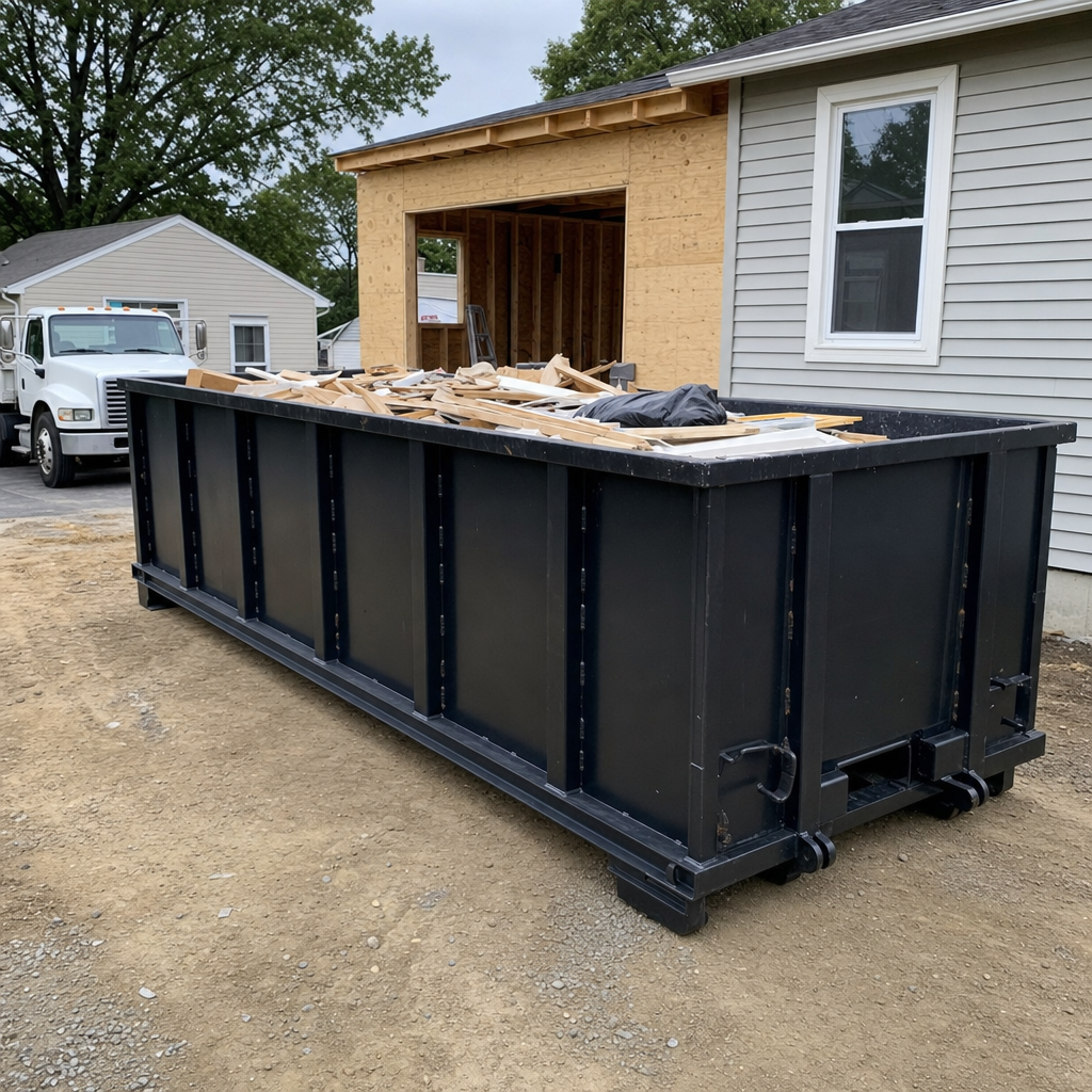 A matte-black 30-yard roll-off dumpster positioned at a Ponchatoula residential addition jobsite, with framing lumber and drywall scraps loaded through the open swinging rear doors.
