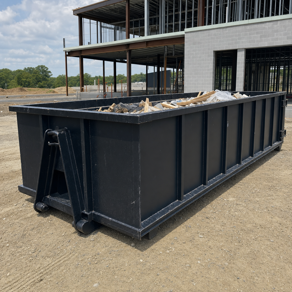 A matte-black 40-yard roll-off dumpster staged on a large Ponchatoula commercial construction lot, with a hooklift delivery truck parked alongside under bright midday sky.