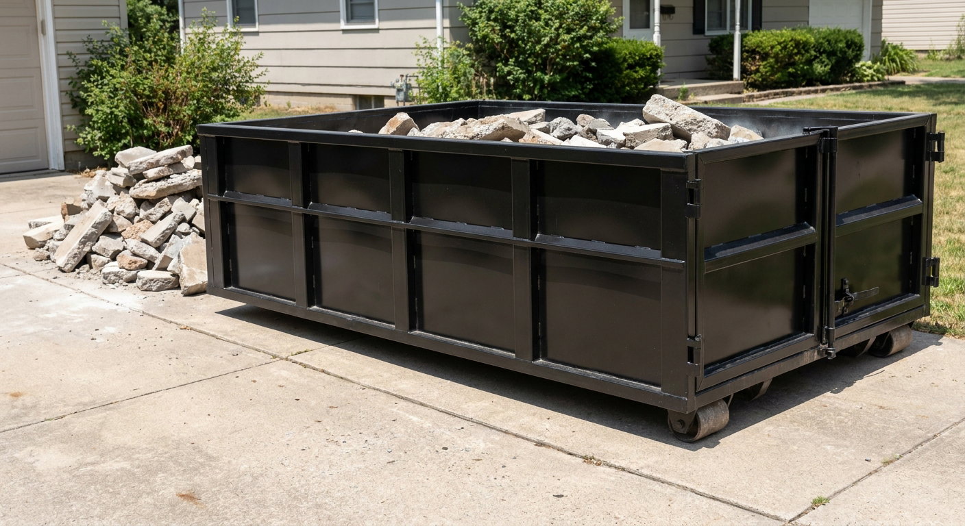 A matte-black low-side heavy-debris roll-off dumpster placed directly on a Ponchatoula concrete driveway, with broken concrete chunks neatly stacked beside it under clean daylight.